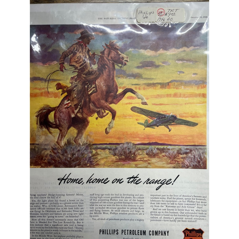 Vintage 1946 Phillips 66 Print Ad Home on the Range Cowboy Horse Airplane Art - Picture 3 of 3